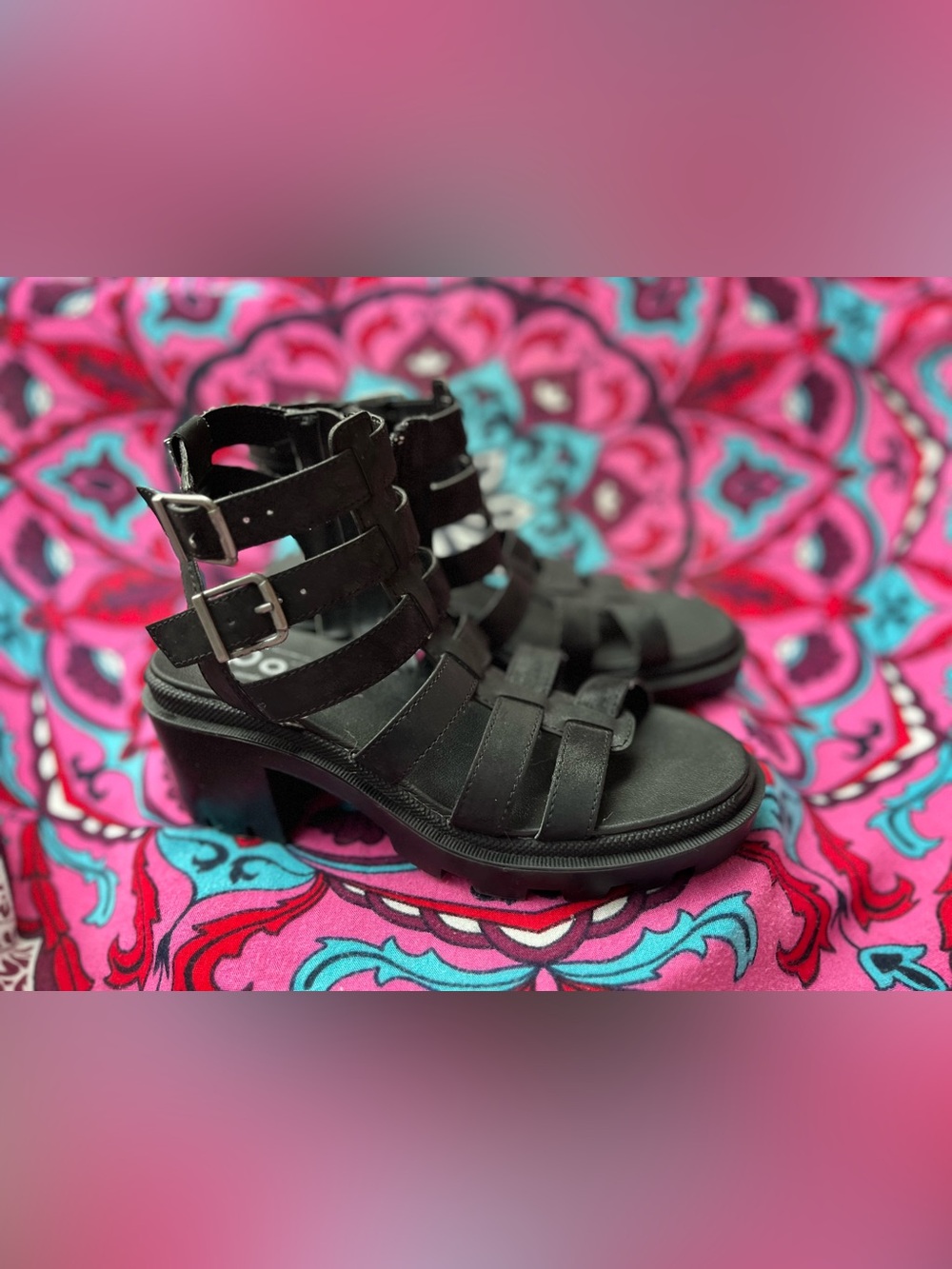 Black Strappy Block Heel Sandals - Women's Comfort Gladiator Style